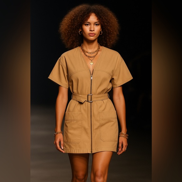 A.L.C. | Tan Utility Belted Zip-Front designer mini dress - Picture 1 of 11
